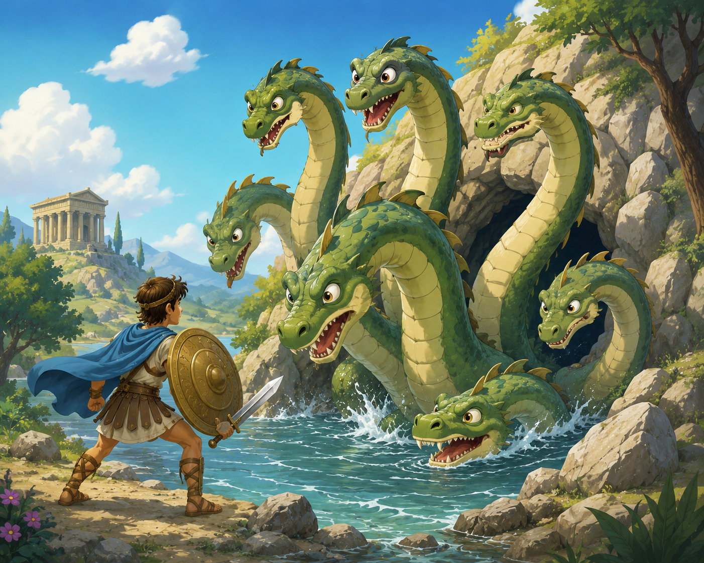 Young Heracles with shield and sword facing the multi-headed Lernaean Hydra by a river