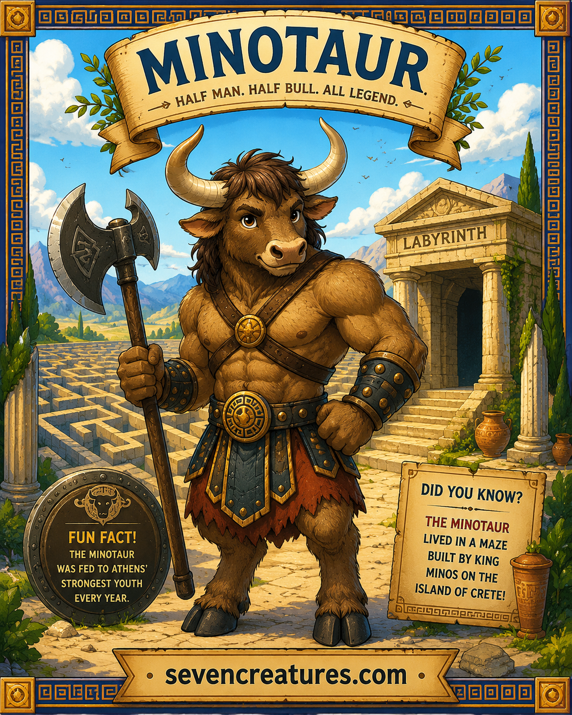 Illustrated Minotaur poster — half man, half bull, all legend — standing before the Labyrinth on the island of Crete