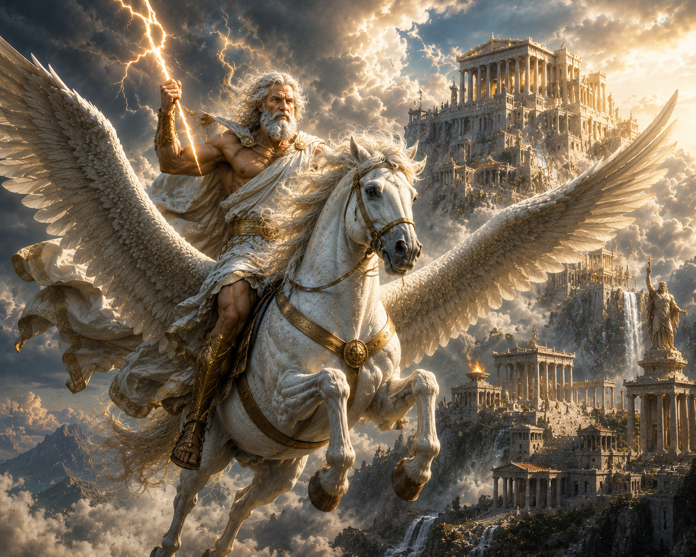 Zeus wielding a lightning bolt while riding Pegasus above Mount Olympus