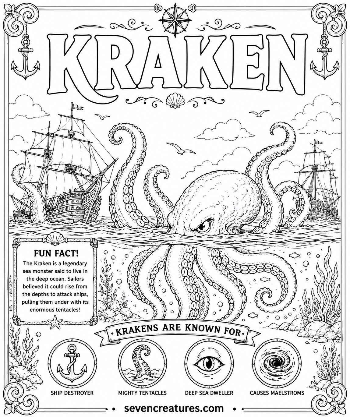 Printable Kraken coloring page with underwater details and deep-sea scenery