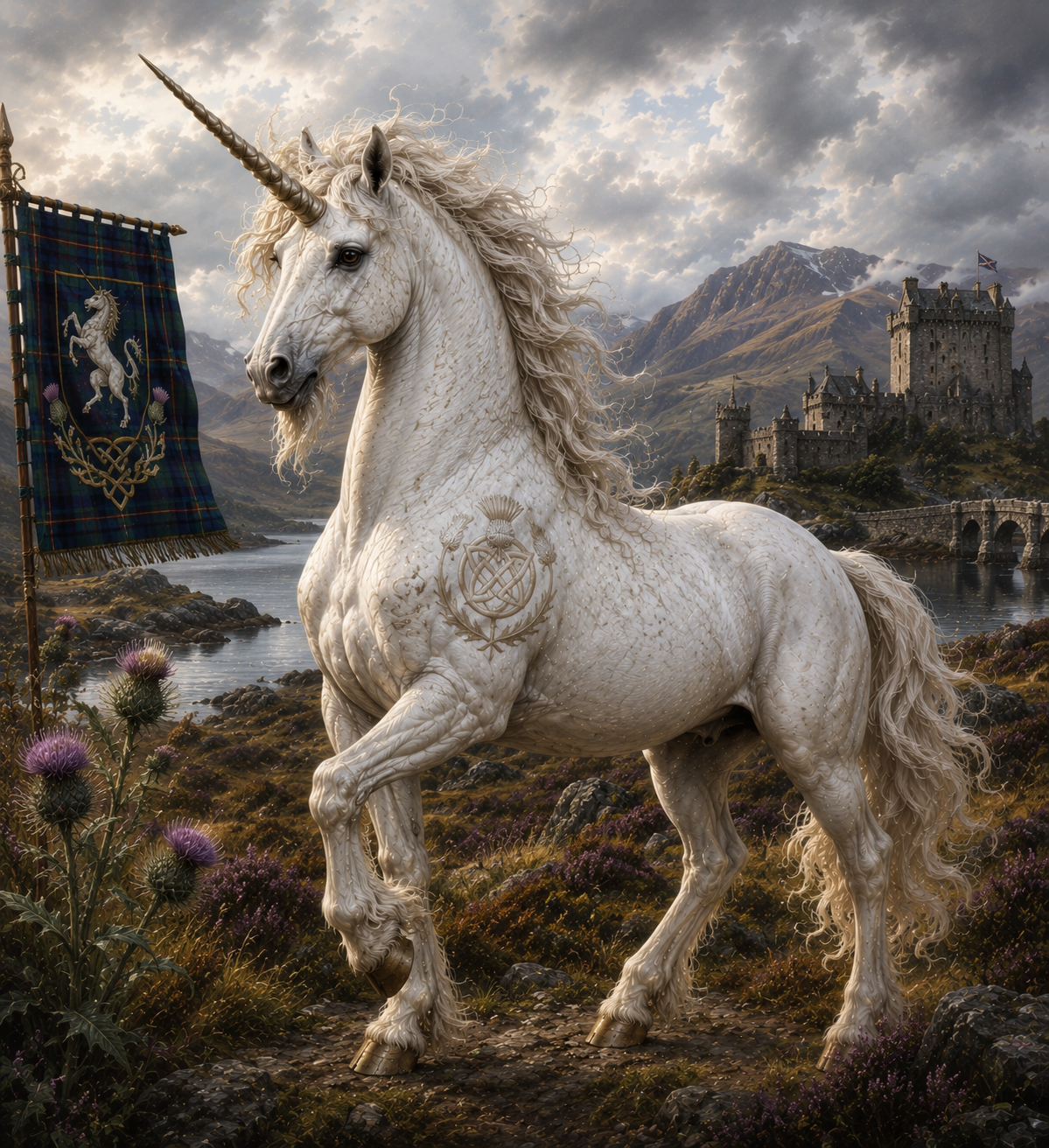 White Scottish unicorn with castle, mountains, and tartan banner