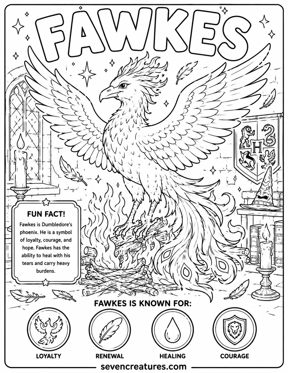 Printable Fawkes coloring page in a magical great hall