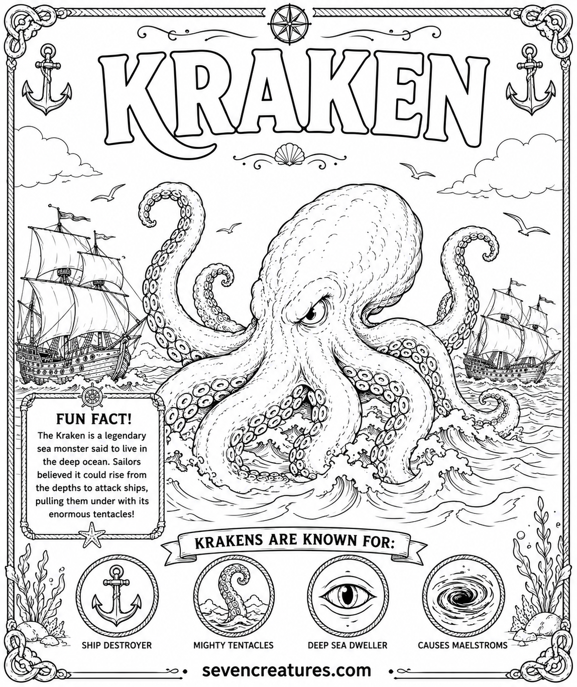 Printable Kraken coloring page showing a giant octopus-like sea monster above the waves
