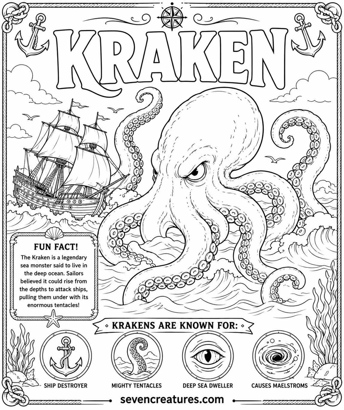 Printable Kraken coloring page with a classic ocean scene and sailing ships