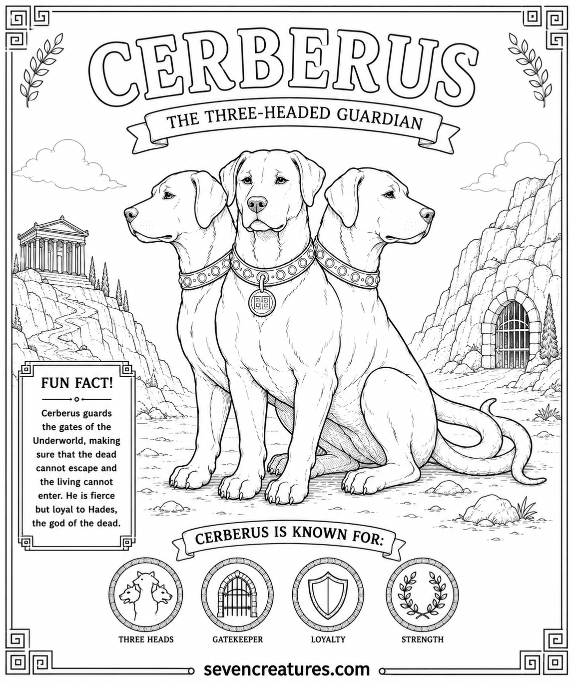 Printable coloring page of a noble seated Cerberus guarding the gates of the Underworld