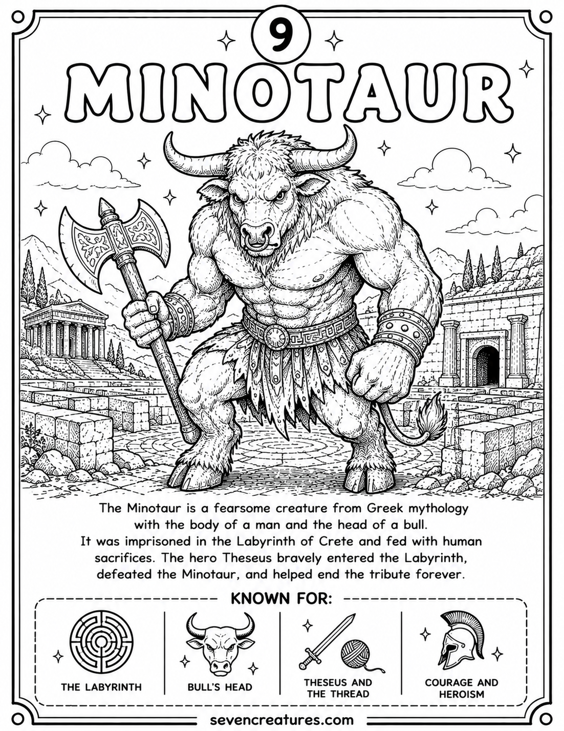 Printable Minotaur coloring page with the legendary half-bull, half-human guardian