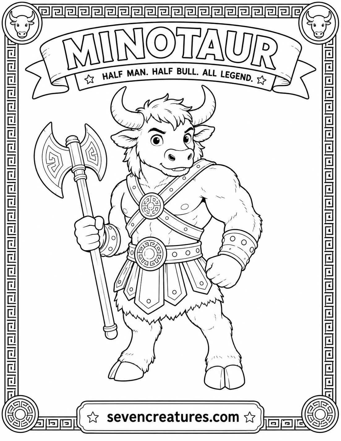 Printable cartoon Minotaur warrior coloring page with axe and Greek key border