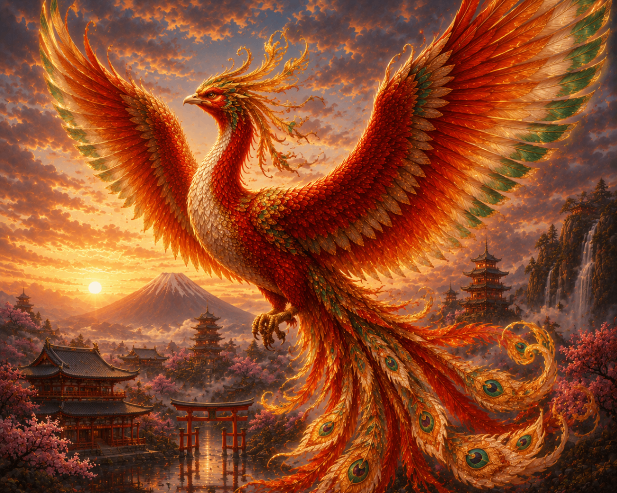 Hō-ō phoenix with long colorful tail flying over Japanese temples and Mount Fuji
