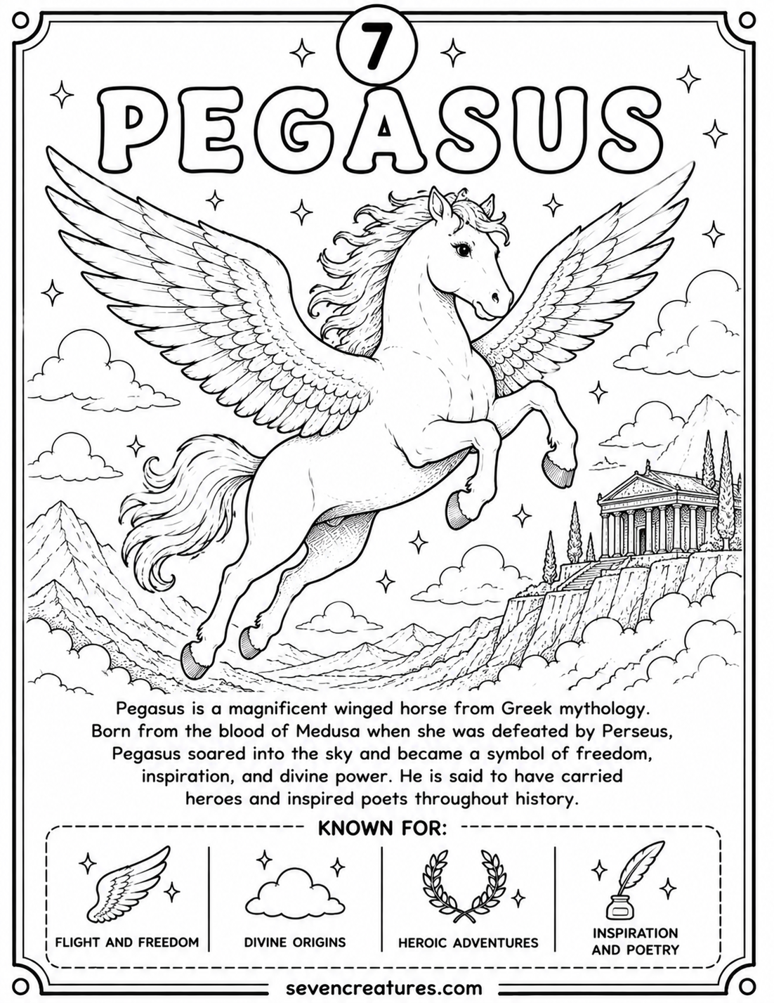 Printable Pegasus coloring page with wings spread