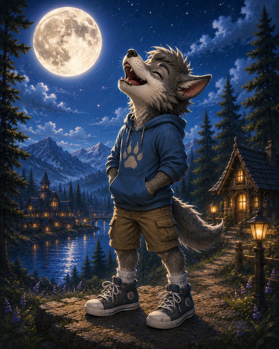 Young werewolf pup howling at the full moon on a forest cliff