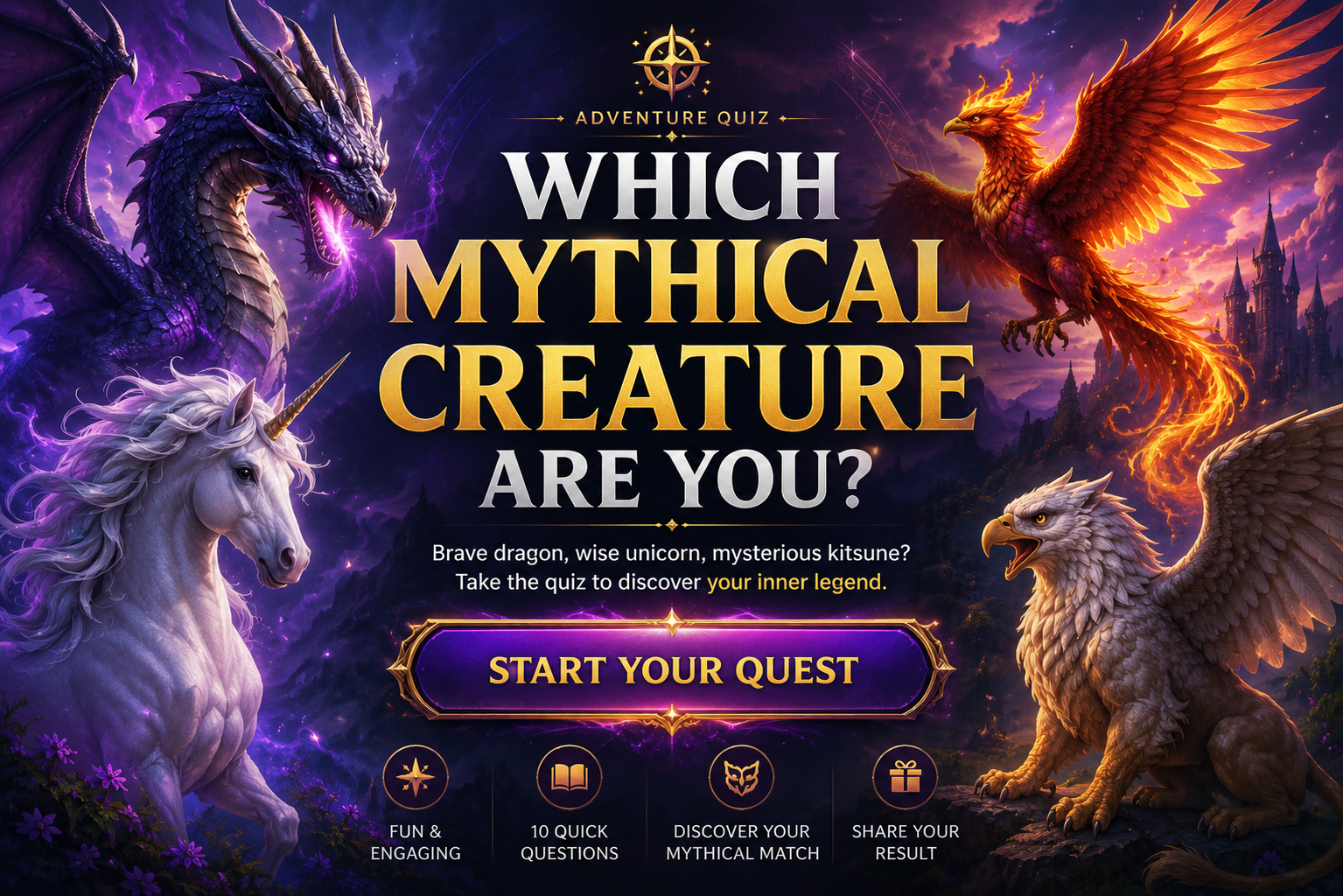 Which Mythical Creature Are You? Adventure quiz banner with dragon, unicorn, phoenix, and griffin