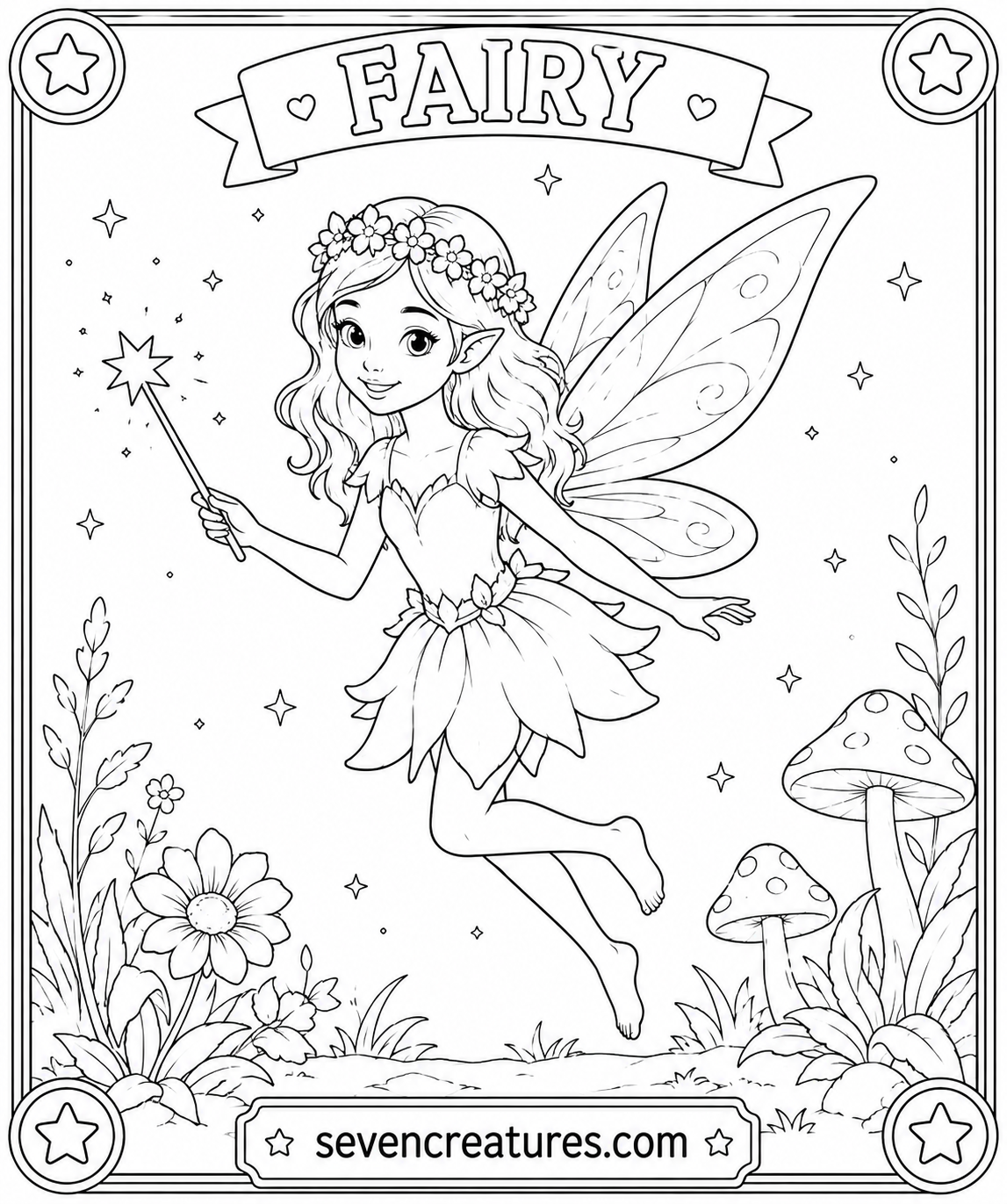 Printable fairy coloring page with a fairy holding a magic wand among mushrooms