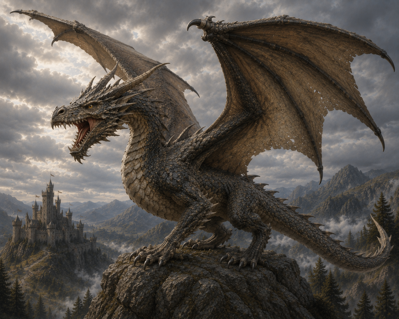 European dragon with broad wings perched above a stone castle