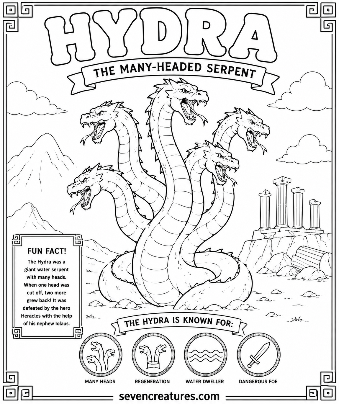 Printable Hydra coloring page with five heads in a mountain landscape