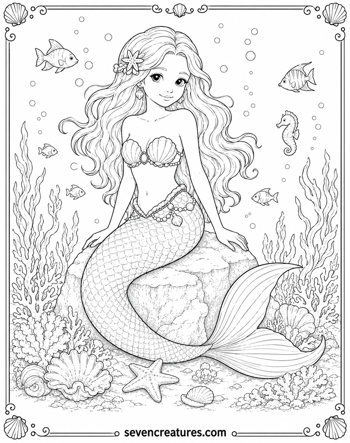 Printable mermaid coloring page sitting on a rock with fish and a seahorse nearby
