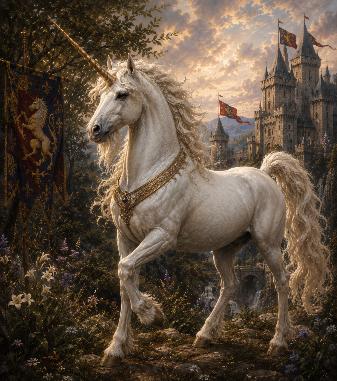 White unicorn beside a medieval castle at sunset