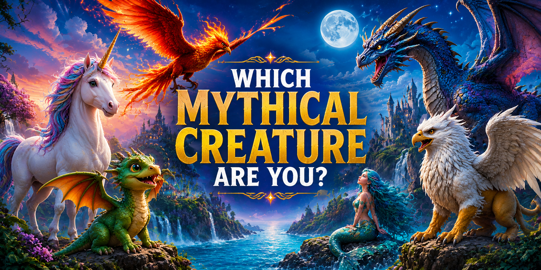 Which Mythical Creature Are You? quiz banner featuring a unicorn, phoenix, dragon, mermaid, and griffin