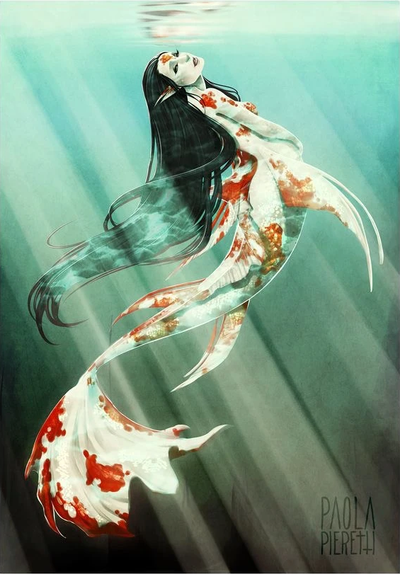 Ningyo, the koi-like Japanese mermaid drifting beneath sunbeams