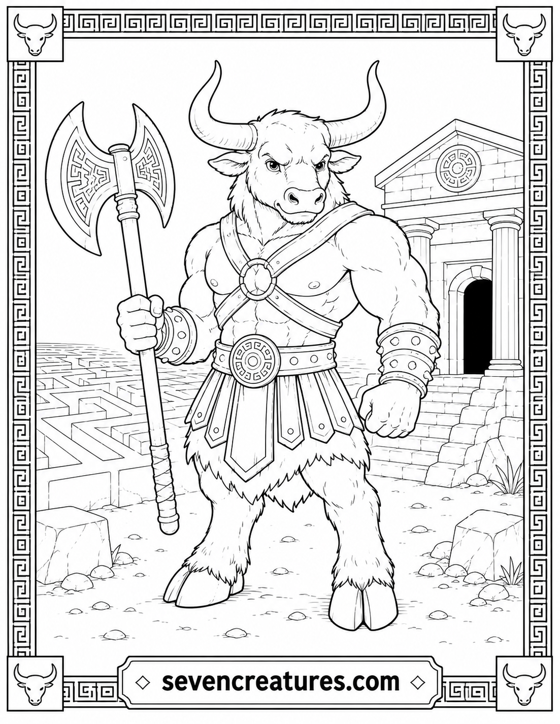 Printable detailed Minotaur coloring page guarding an ancient Greek temple