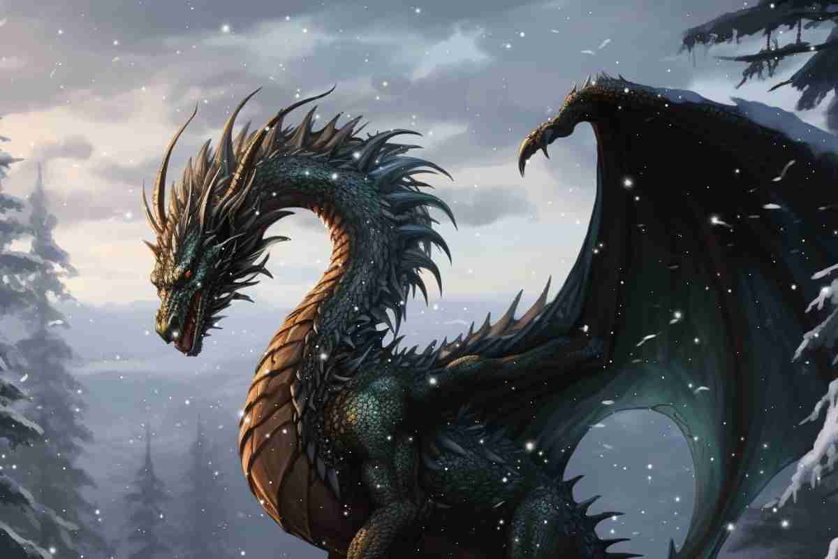 Fafnir the Norse dragon perched on a snowy mountain