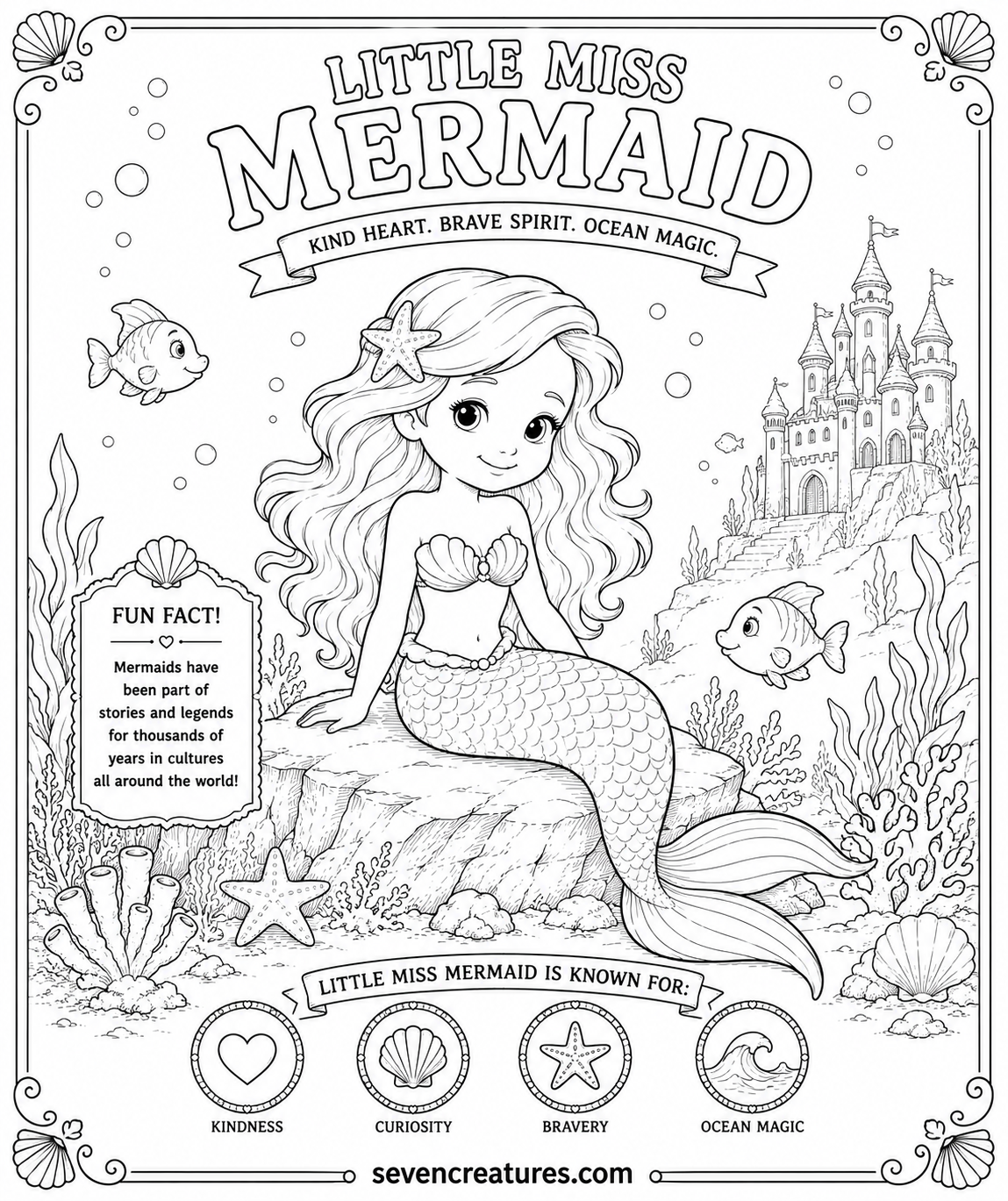Printable Little Miss Mermaid coloring page with a castle, fish, and fun fact panel
