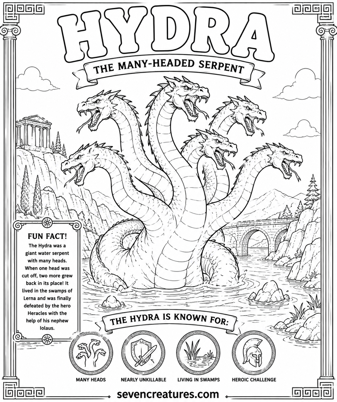 Printable Hydra coloring page framed by Greek columns