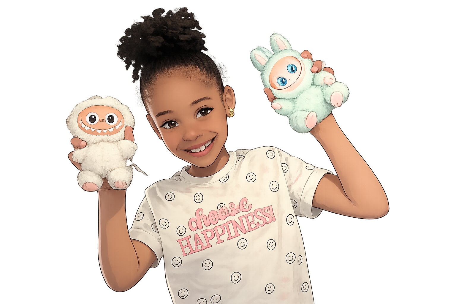 Sevyn, the seven-year-old founder of SevenCreatures, smiling and holding two plush creatures