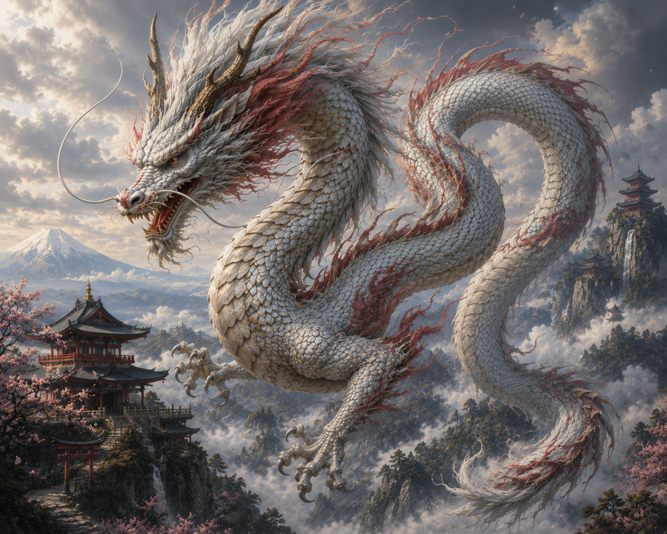 Japanese dragon with a pale scaled body and flowing mane above mountain shrines