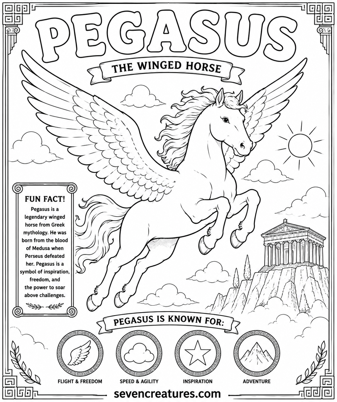 Printable Pegasus coloring page flying over Greek temple