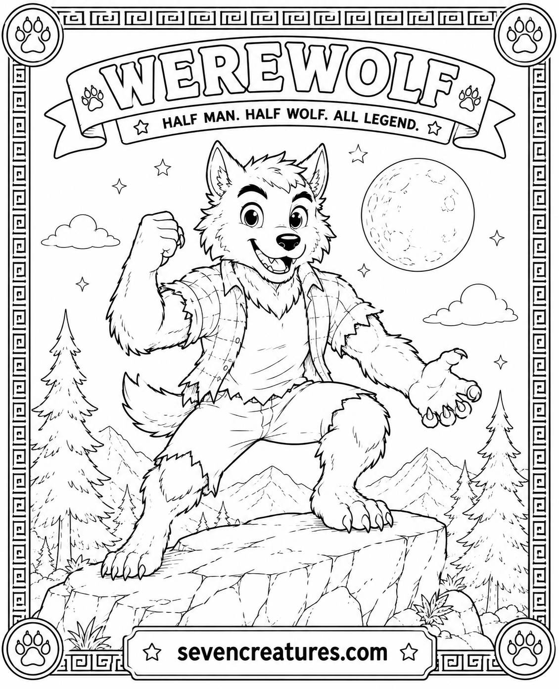 Printable werewolf coloring page perched on a rock under the moon