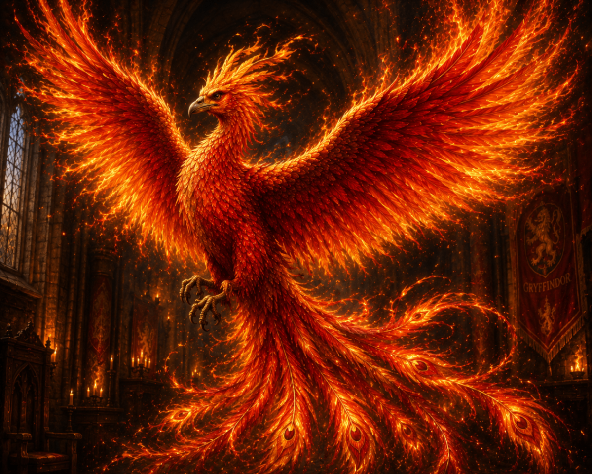 Fawkes-inspired phoenix with blazing feathers inside a magical great hall