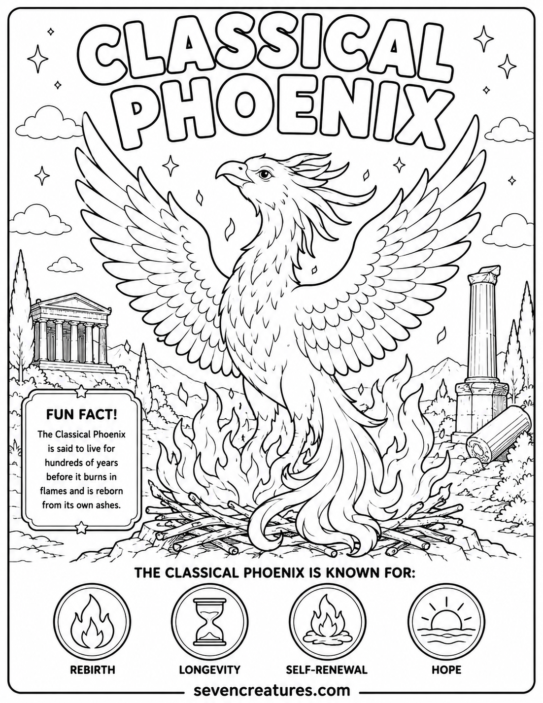 Printable Classical Phoenix coloring page with ancient temple scenery