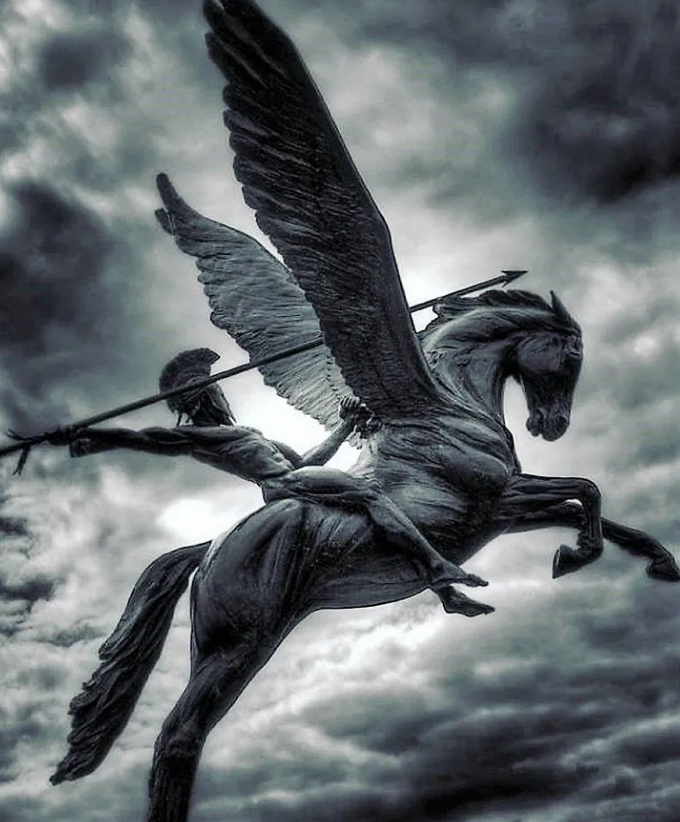 Statue of Bellerophon riding Pegasus into the clouds