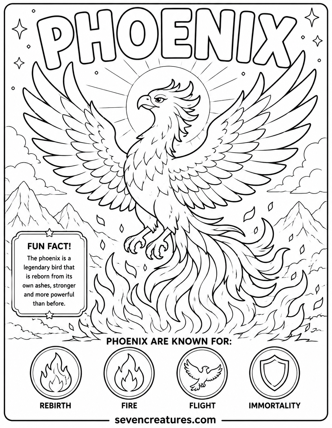 Printable phoenix coloring page with a large firebird rising above flames