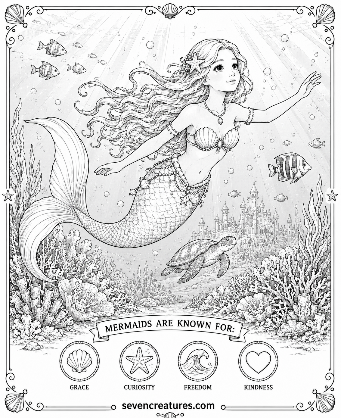 Printable mermaid coloring page swimming through the sea near an underwater castle and turtle