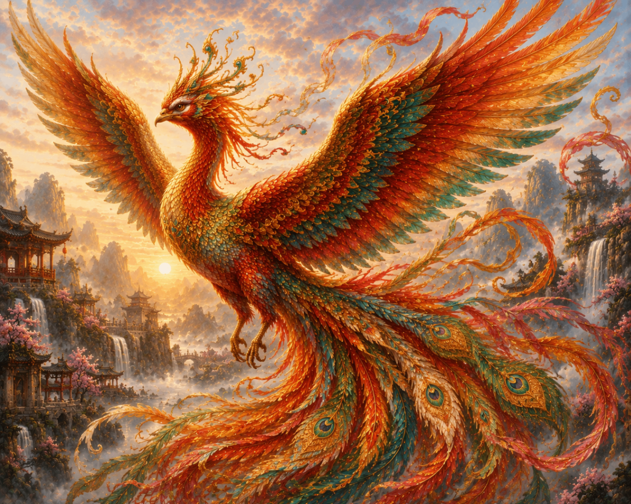 Fenghuang bird with brilliant multicolored feathers over a Chinese-inspired mountain landscape