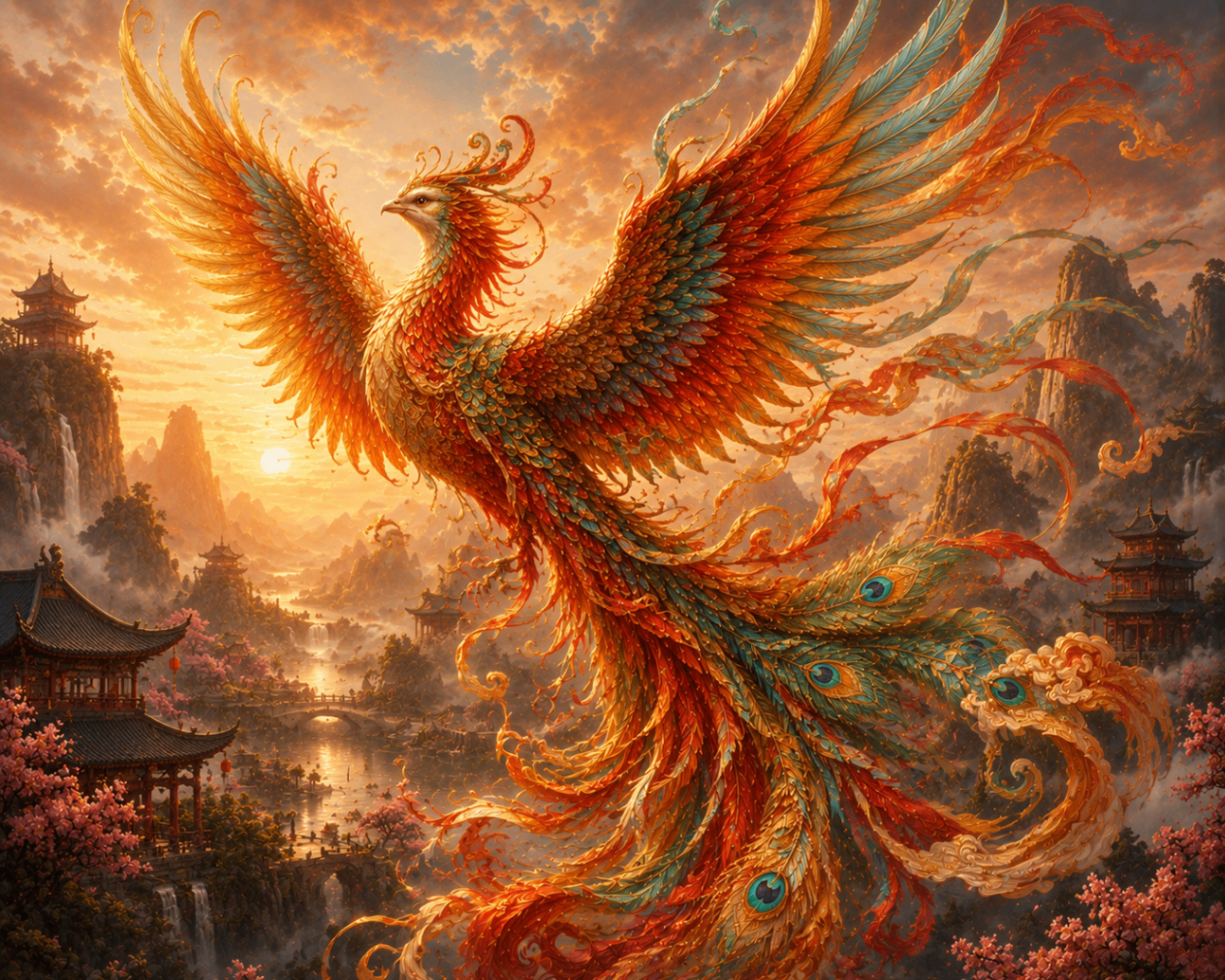 Alternate Fenghuang-style phoenix with flowing ornate feathers above a luminous valley