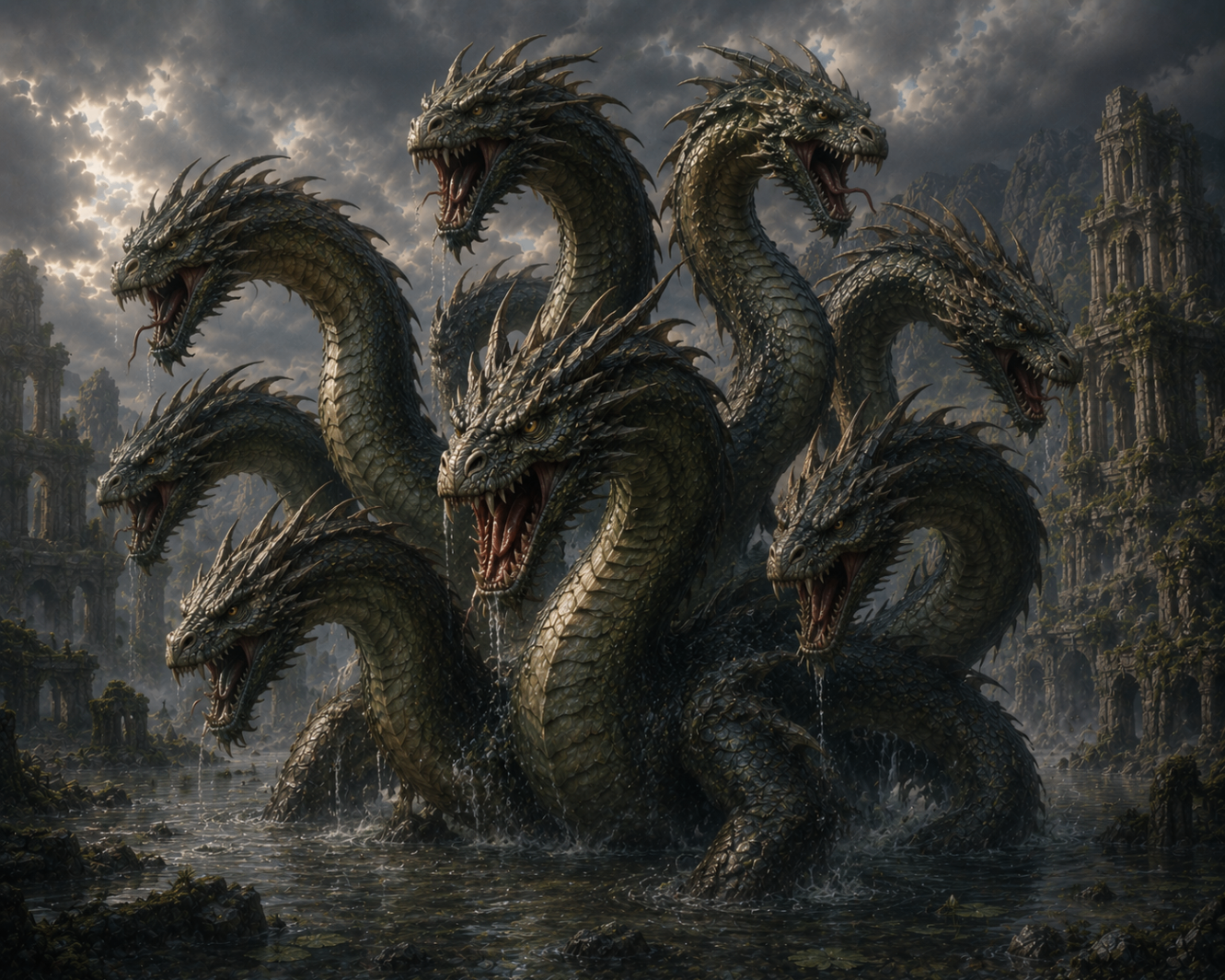 Many-headed hydra rising from dark swamp water among ruined stone towers