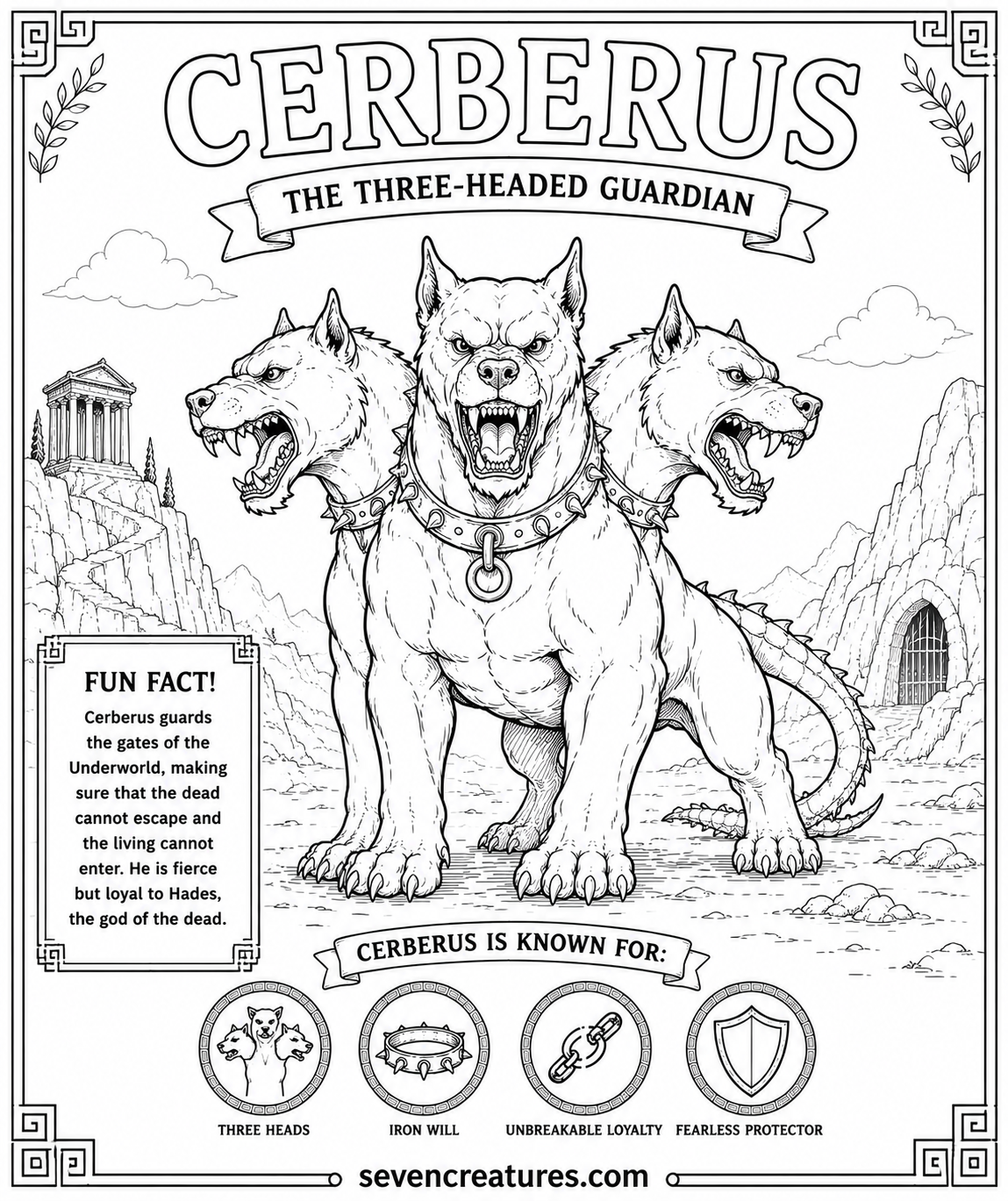 Printable coloring page of Cerberus the three-headed guardian dog with spiked collar