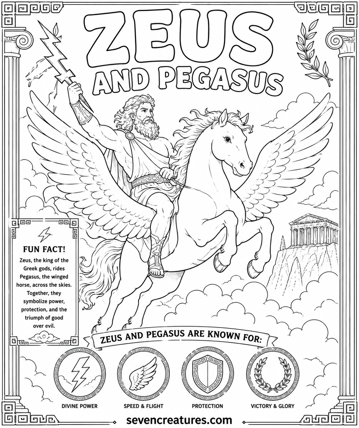 Printable Zeus riding Pegasus coloring page