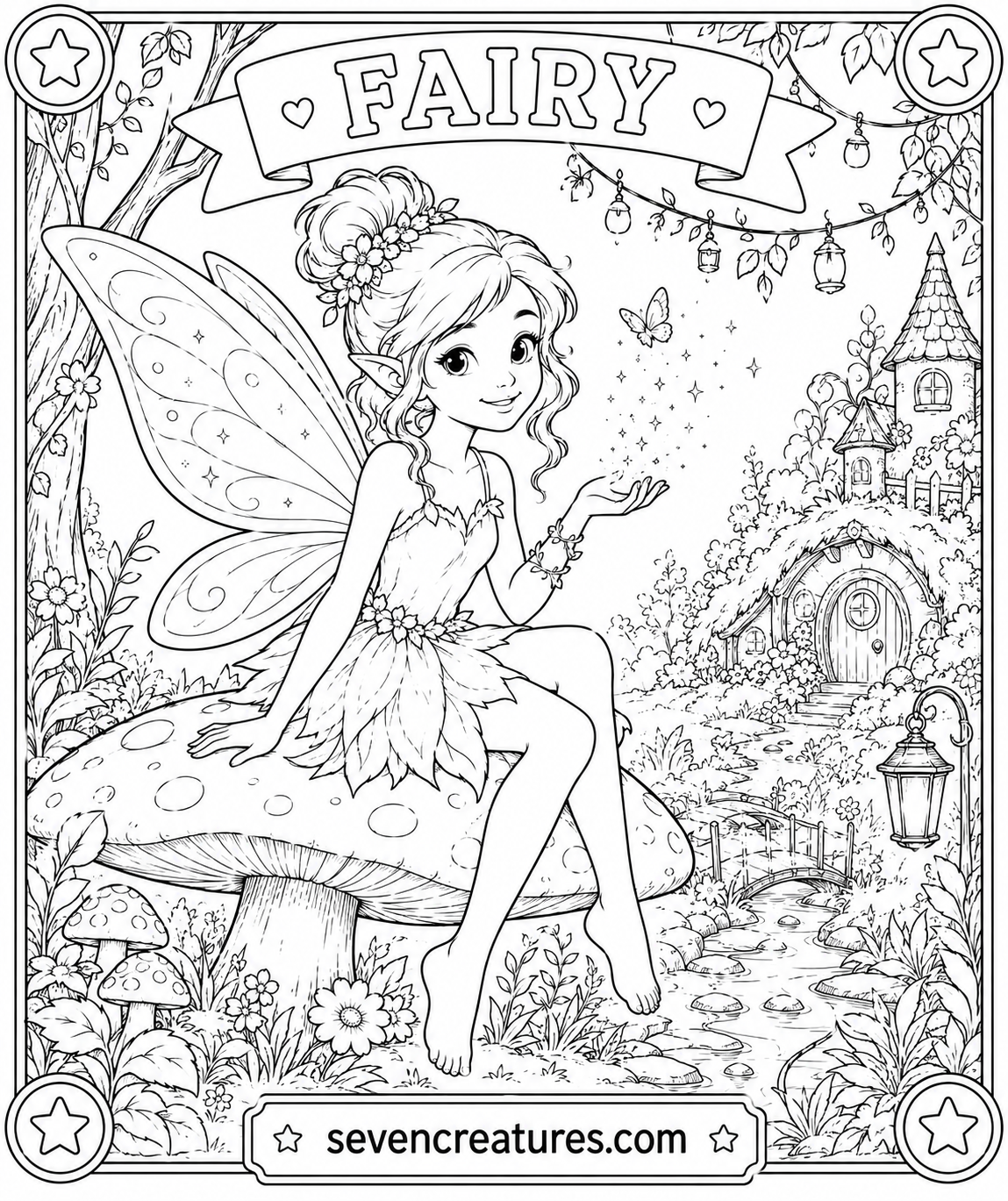 Printable fairy coloring page with a fairy on a giant mushroom near a cottage