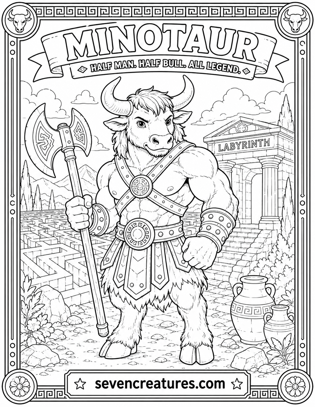Printable Minotaur coloring page standing before the Labyrinth entrance