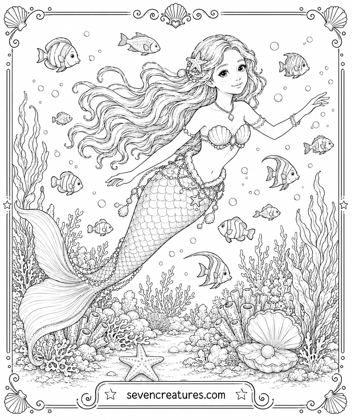 Printable mermaid coloring page swimming among tropical fish and coral reefs