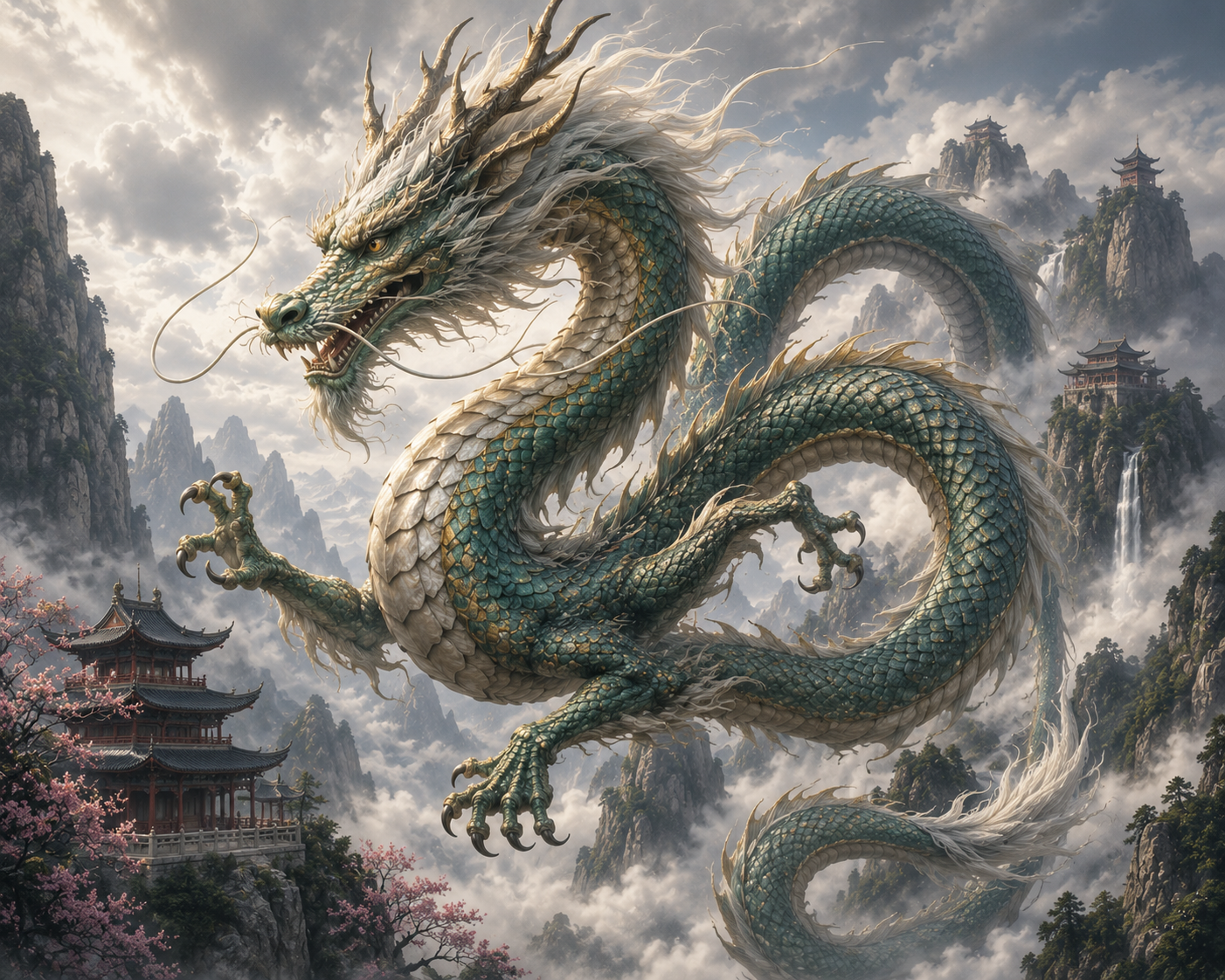 Asian serpent-like dragon flying through misty mountains and pagodas