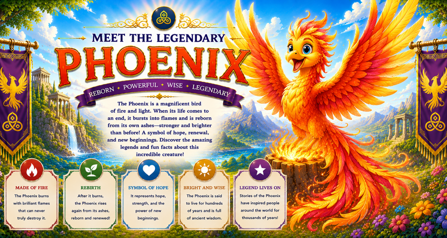 Phoenix hero banner showing a brilliant fire bird with the words Phoenix, bird of rebirth and immortality